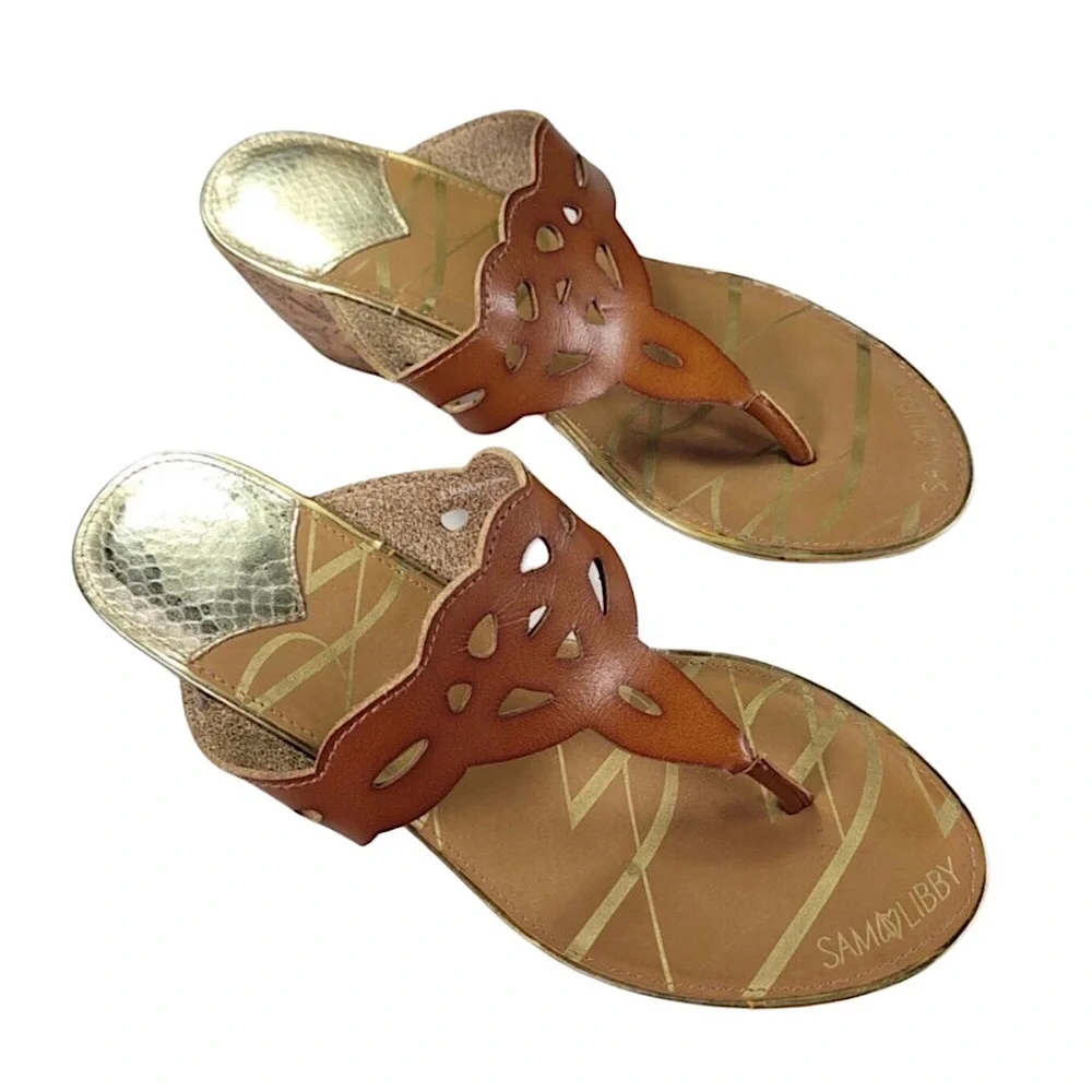 Sam & Libby Tan Cut Out  Wedge Thong Sandals Size 8.5